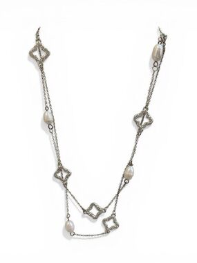 Long Station Necklace Freshwater Pearl Pave Quatrefoil